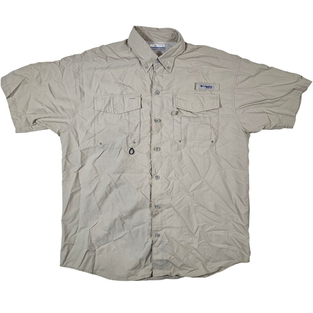 Columbia PFG Bahama II‎ Short Sleeve Fishing Shirt Mens Medium Beige Tan FM7047